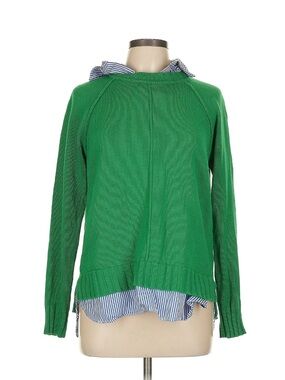 Lauren Ralph Lauren Layered Cotton Sweater Green Striped Poplin Trim L